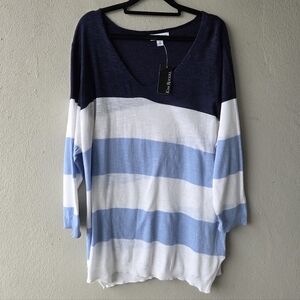Kim Rogers Thin Lightweight V-Neck Striped Sweater 1X 2X NWT